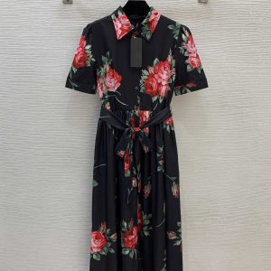 designer dress Printed pattern Single-button placket Pleated clothes women slim Mid-length Short-sleeved lapel luxury Dresses
