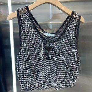 Women's Spring and summer round neck sleeveless hot stamping heavy industry shiny hollow elastic mesh European and American vest Tops