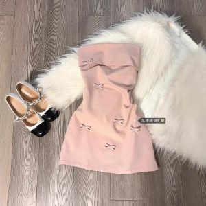 Korean Style Pink Three-Dimensional Bowknot Strapless Dress for Women Spring Summer Pure Desire Style Hot Girl Waist-Cinching Short Dress
