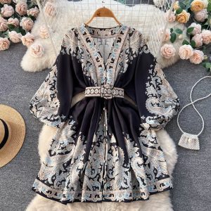 2025 Spring/Autumn New Cross border Women's Fashion V-neck Long sleeved Bohemian Printed Dress