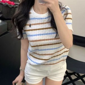 Summer color-blocked striped twist knit crew neck T-shirt, women's short-sleeved embroidered knitted top, ruff