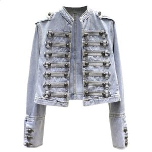 Retro Military Style Handsome Stand Collar Denim Jackets Female Double-breasted Wild Slim Short Denim Jackets Women Outerwear 240824
