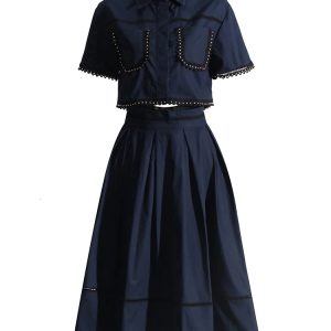 Solid Summer Two Piece Sets For Women Lapel Short Sleeve Tops High Waist A E Skirt Slim Set Female Fashion New