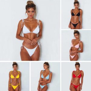 Women's Swimwear Pit Stripe Fabric Swimsuit Sexy Thong Bikini Women White/Blue/Black/Pink/Yellow/Red Solid Rope Beach Bathing Suit 2025