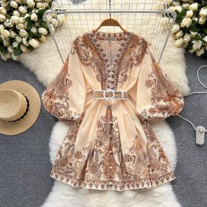 dress Designer Women Dresses Spring Runway Fashion Paisley Print Vintage Dress V Neck Long Lantern Sleeve Belted Mini Dress