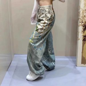 2025 New 3D Printed Lace Pearl Chain Printed Vintage Denim Jeans High Waist Straight Leg for Men And Women Trendy High Strt St C251013