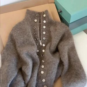 Women's Knits Grey Double Breasted Stand Up Collar Sweater Women Coat Autumn/Winter Thick Lazy Style Zipper Knitted Cardigan Top