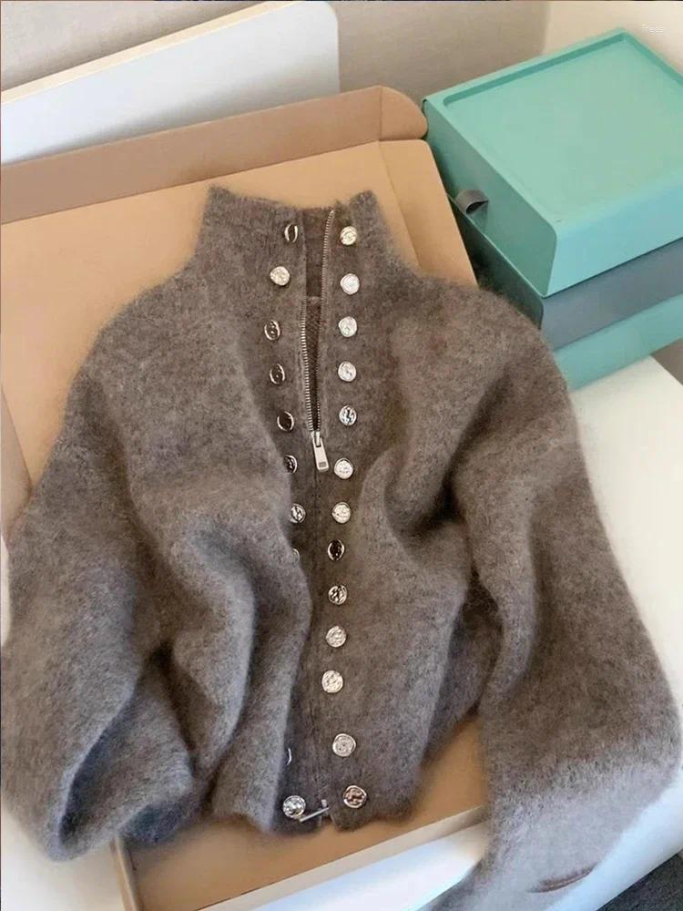 Women's Knits Grey Double Breasted Stand Up Collar Sweater Women Coat Autumn/Winter Thick Lazy Style Zipper Knitted Cardigan Top