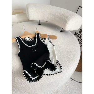Women block high quality logo embroidery knitted asymmetric bottom tank top camis SMLXL