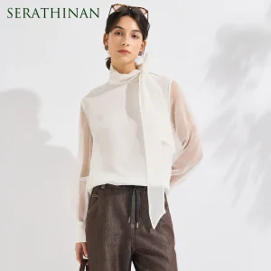 KL7613651 Luxury 100% Silk Blouse Women's Elegant Bow Tie Neck Long Sleeve Sheer Top High End Designer Silk Shirt - AliExpress Shirts & Blouses