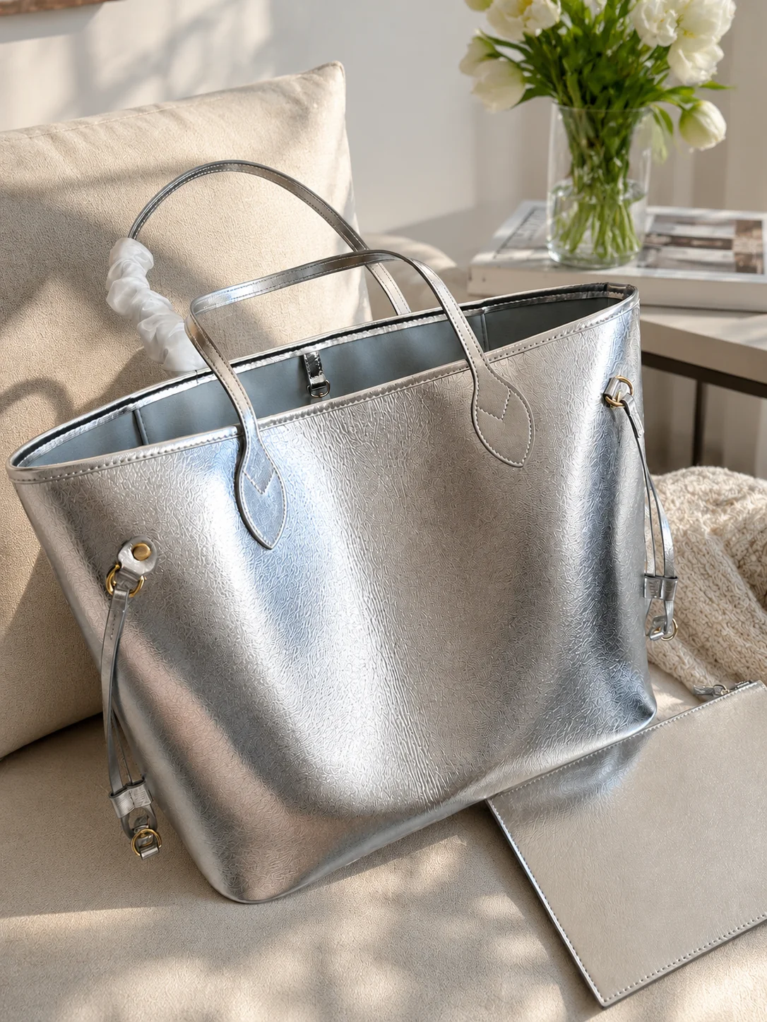 2026 New Women's Silver Tote Bag Large Capacity Commuter Handbag with Detachable Pouch Shoulder Crossbody Bag 32x29x17cm - AliExpress Women's Handbags