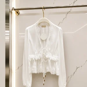 2026 Women Blouse Deep V‑Neck Self‑Tie Front Cropped Top Long Puff Sleeve Lace Ruffle Trim Gathered Waist - AliExpress Shirts & Blouses