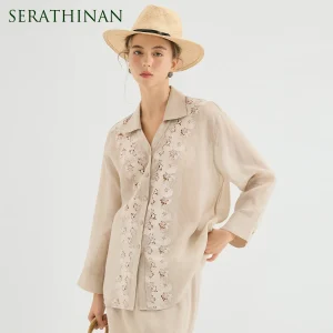 KT9613802 Elegant Women's 100% Ramie Shirt Floral Embroidery Button Down Long Sleeve Loose Fit Designer Style Blouse - AliExpress Shirts & Blouses