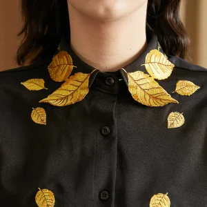 LYNETTE'S CHINOISERIE Spring Autumn Original Design Women Exquisite Golden Leaves Embroidery Loose Black Shirts/Blouses - AliExpress Shirts & Blouses