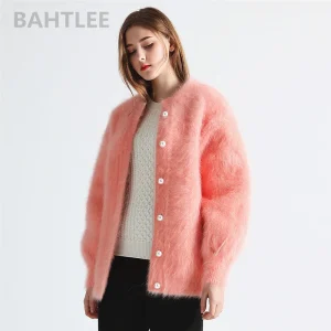 BAHTLEE-Women's Angora Cardigans, Wool Knitted Sweater, O-Neck, Pearl Button Pocket, Thick, Keep Warm, Winter - AliExpress Sweaters&Jumpers