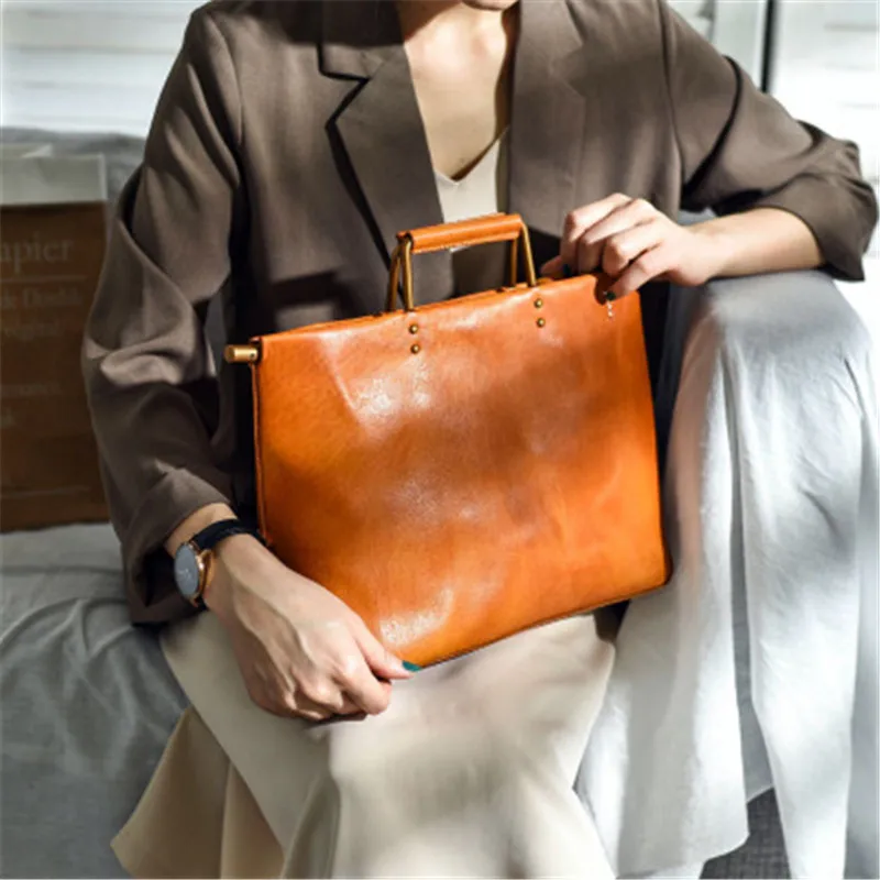 Retro handmade natural genuine leather handbags with metal handles simple personality handbags cowhide shoulder messenger bag - AliExpress Women's Handbags