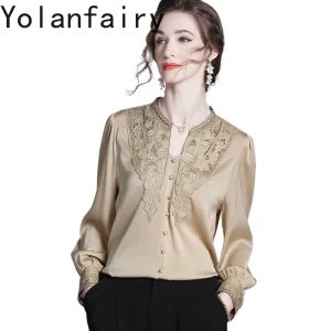 YOLANFAIRY 95% Mulberry Silk 5% Spandex Women Shirt Autumn 2025 Embroidery Tops Luxury Long Sleeve Shirts Woman Elegant Blouses - AliExpress Shirts & Blouses