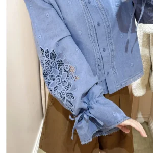 Elegant Blue Long Sleeve Cotton Linen Shirt Embroidered Hollow out Flower Design Women's Fashion Spring Summer Shirt - AliExpress Shirts & Blouses