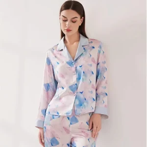 Printed 19MM Real Mulberry Silk Long Sleeve Top with Pants Pajama Set Women's Cardigan Pajamas Autumn Casual Loungewear Homewear - AliExpress Women's Sleep & Lounge