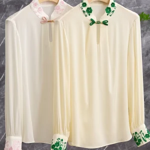 Ele New Chinese Sle Silk irt Stand Collar Button Embroidery Color Blo Women's Premium Silk Top Spring Season - AliExpress Shirts & Blouses