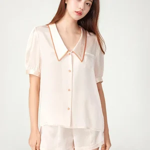 Winsleter-6A 16MM 100%Real Silk Elegant Women Pajama Set, Short Sleeve Solid, French Sweet Shorts Homewear, 2025 Summer S57473CC - AliExpress Women's Sleep & Lounge
