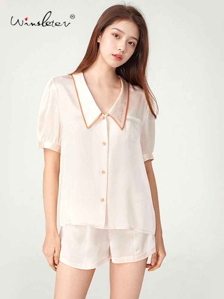Winsleter-6A 16MM 100%Real Silk Elegant Women Pajama Set, Short Sleeve Solid, French Sweet Shorts Homewear, 2025 Summer S57473CC - AliExpress Women's Sleep & Lounge
