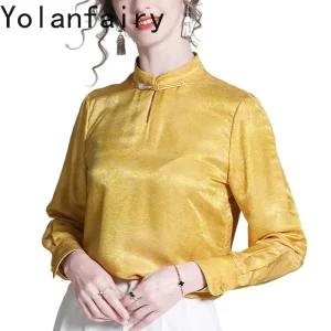 YOLANFAIRY 100% Natural Mulberry Silk Shirt Women's Clothing Elegant Long Sleeve Shirts Dames Stand Collar Ladies Tops Blouses - AliExpress Shirts & Blouses