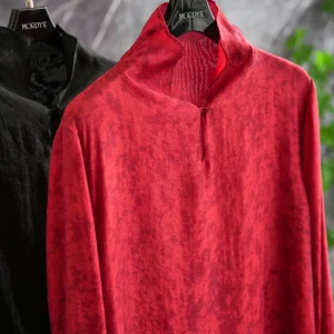 Lustrous  Silk Long Sleeve Shirt High Collar Embroidered Red Chinese Style Women's Fashion Breathable Straight Cut Top - AliExpress Shirts & Blouses