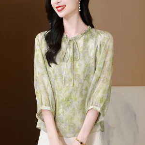 New 100% Real Silk Summer Shirts & Blouses for Women Three Quarter Sleeve Women's Floral Print Blouse Casual Loose Tops L - AliExpress Shirts & Blouses