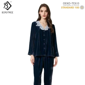 BirdTree, OEKO-TEX, 6A Silk Velvet Pajamas Set, Women's V-neck Full Sleeve Elegant Clothes, 2025 Autumn Winter New P5D923JF - AliExpress Women's Sleep & Lounge