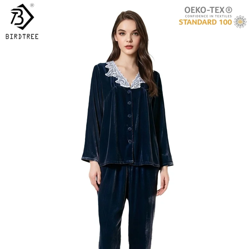 BirdTree, OEKO-TEX, 6A Silk Velvet Pajamas Set, Women's V-neck Full Sleeve Elegant Clothes, 2025 Autumn Winter New P5D923JF - AliExpress Women's Sleep & Lounge