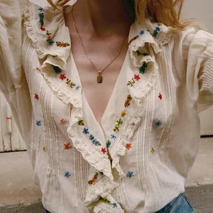 Elegant Early Autumn Cotton Blouse with Embroidered Ruffles Deep V-Neck Bubble Sleeves Floral Pattern for Women Breathable - AliExpress Shirts & Blouses