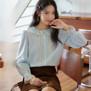 Nov Et French Sle Embroidered Ruffle Collar Stripe Texture irt Pure Cotton Long Sve Breathable Women's Cardigan - AliExpress Shirts & Blouses