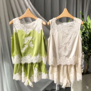 Women 100% Mulberry Silk Pajama Set 19MM Satin Lace Embroidery Sleeveless Tank Top & Shorts Luxury Summer Loungewear Sleepwear - AliExpress Women's Sleep & Lounge