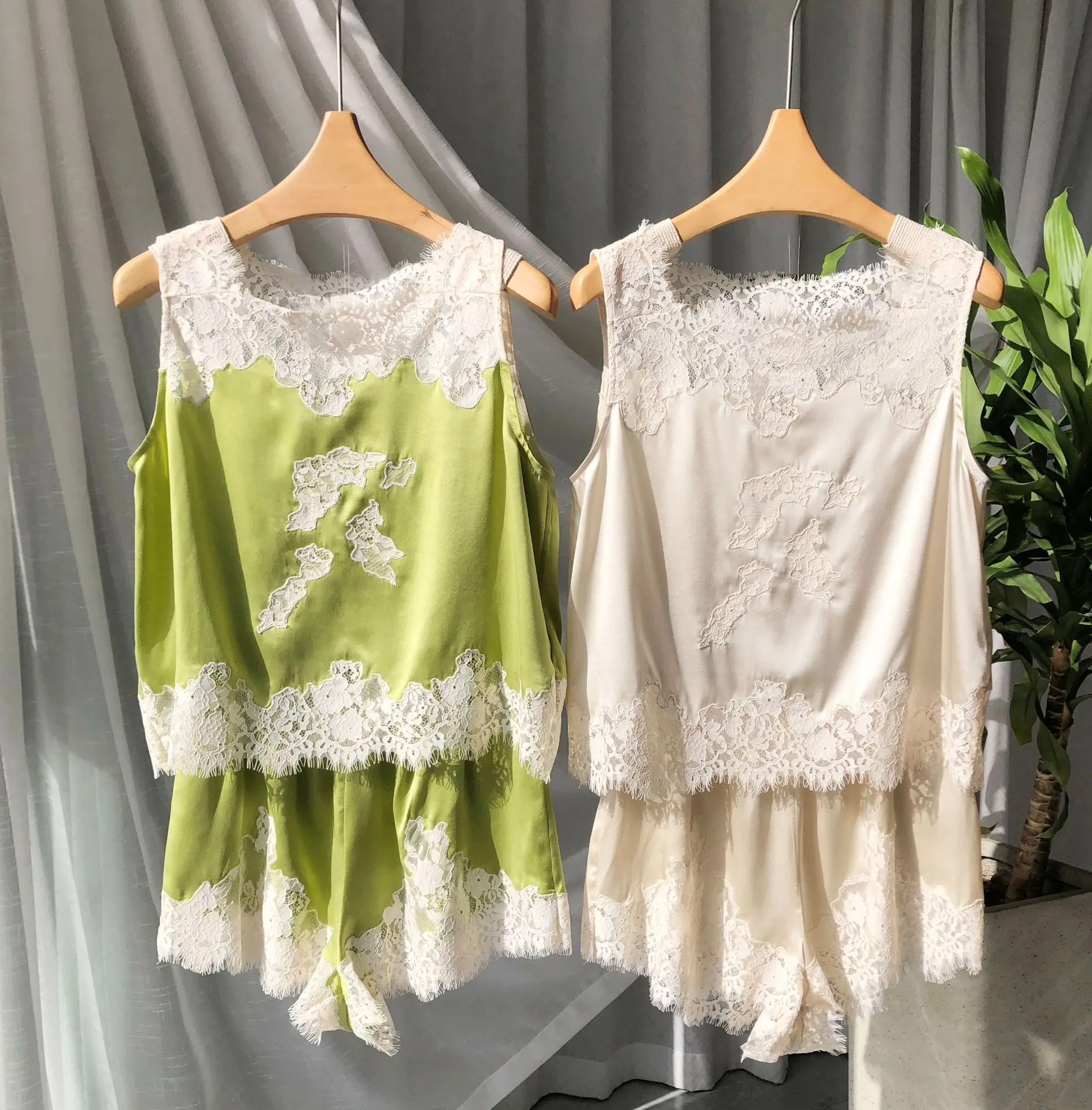 Women 100% Mulberry Silk Pajama Set 19MM Satin Lace Embroidery Sleeveless Tank Top & Shorts Luxury Summer Loungewear Sleepwear - AliExpress Women's Sleep & Lounge