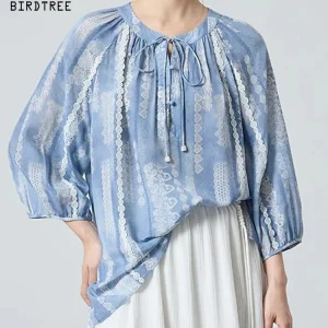 BirdTree-15MM 100%Real Silk Double Crepe Elegant Shirt, 3/4 Sleeve Print, Women Temperament Loose Blouse, 2026 Summer T63740CC - AliExpress Shirts & Blouses