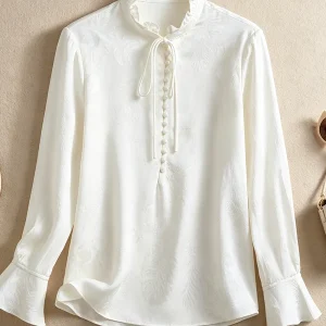 Elegant White Silk Shirt with Stand Collar And Long Sleeves for Women Spring Fashion New Chinese Style Gown with Lace Trim An... - AliExpress Shirts & Blouses