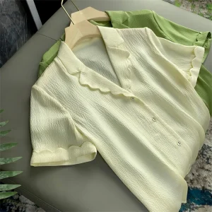 Classic Silk Shirt Tailored V-neck Short Sleeve Waist-cinched Suit Straight-cut Commute Pure Color Summer  Women's Fashion - AliExpress Shirts & Blouses