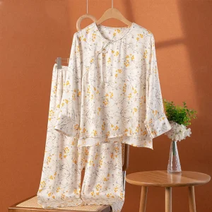 Chinese Print Heavyweight Silk Pajamas Set 100% Mulberry Silk Knot Button Loungewear Women Long Pants Sleepwear Suit - AliExpress Women's Sleep & Lounge