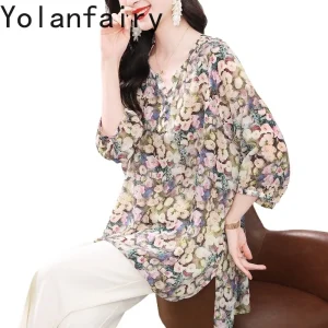 YOLANFAIRY Luxury 100% Real Mulberry Silk Blouse for Women Summer 2026 Elegant Floral Shirt Woman Tops Lace-up Fashion Shirts - AliExpress Shirts & Blouses