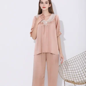 100% Silk Short Sleeve Two Pieces Pajama Set Women Button Down Cardigan Sleepwear Nightwear V Neck Pijama Suit Home Clothes - AliExpress Women's Sleep & Lounge