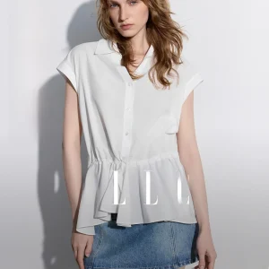 ELLE White Women's Shirt Slim Fit Summer New Style Fashionable Commute Shirt Ruche Detail Cotton Lyocell Blend V-neck Button-... - AliExpress Shirts & Blouses