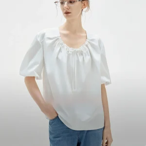 Elle Women's White Vintage Bubble Sleeve V-Neck Shirt Loose Casual Design Summer New Style Cotton Commute Fashion - AliExpress Shirts & Blouses