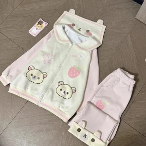 Rilakkuma Bear Ears Hooded Set 2025 Autumn Winter Kawaii Fluffy Two-Piece Jacket Pants for Women Girls Loungewear - AliExpress Sweaters&Jumpers