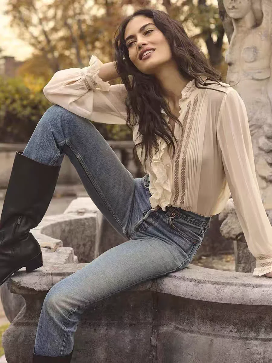 French Style Loose Fit Silk Shirt Stand Collar Breathable Crinkled Lace Hem Slimming Fashionable Top Women's Premium Clothing - AliExpress Shirts & Blouses