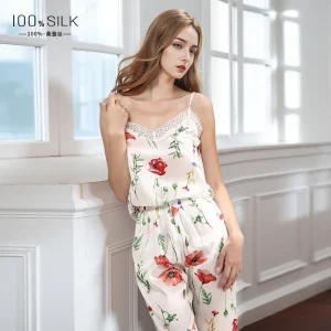 Flower Print 100% Mulberry Silk Camisole & Long Pants Pajamas Set Lace Trim Women's Vest PJs Homewear Tank & Trousers Nightwear - AliExpress Women's Sleep & Lounge