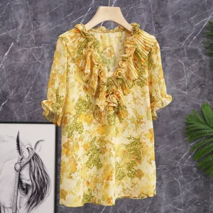 Elegant Orchid Yellow Floral Embellished Pleated Collar Short Sleeve Women's Silk Chiffon Shirt Commute Style V-neck Regular ... - AliExpress Shirts & Blouses