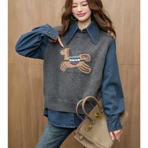 MIUCO College Sle Cartoon  Embroidery Knitted ey Vest And Denim irt Two-Piece Set Women's Faion Casual irt - AliExpress Shirts & Blouses