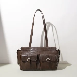 Women Top Grain Cowhide Tote Bag Dual Buckle Pockets Dual Zipper Anti-Wear Rivet Shoulder Handbag For Office Commute Shopping - AliExpress Women's Handbags