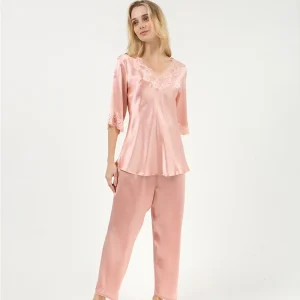 100% Real Silk Tee Top and Pants Pajamas Suit Lace Trim V Neck Sleepwear Solid Color Women's Loungewear Set Pajama Nightwear Pjs - AliExpress Women's Sleep & Lounge